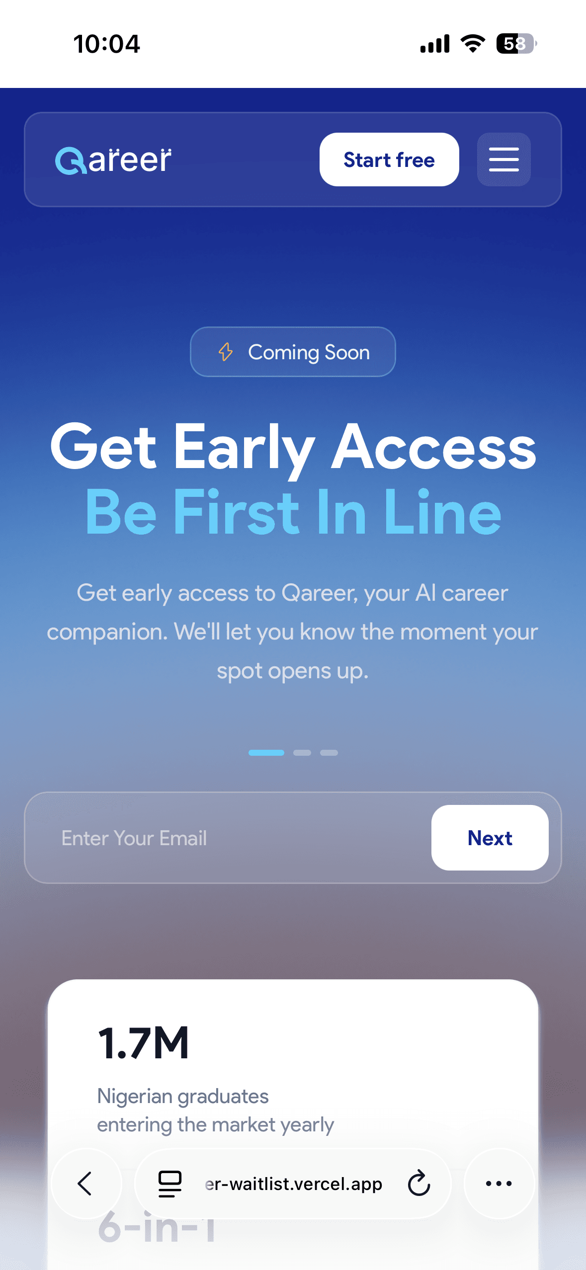 Qareer waitlist page previewed on a phone